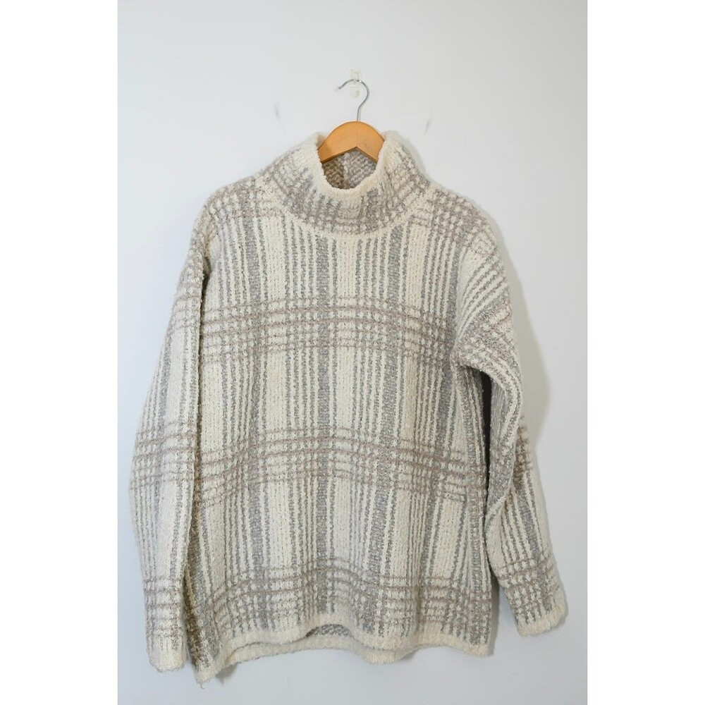 Sundance Sweater L Cowl Neck Turtle neck Mock wool blend Beige Plaid
